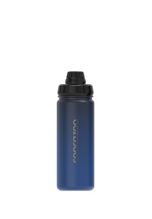 Blue Coocazoo water bottle with black screw-on cap and gray vertical logo, isolated on white background.