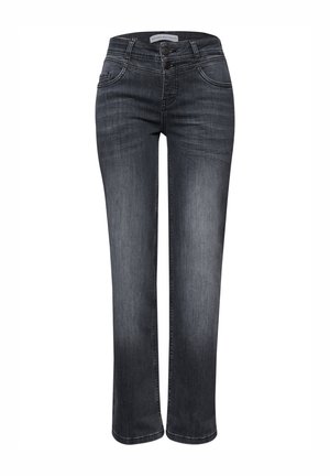 Dunkelblaue Jeans mit geradem Bein und glatter Textur, fünf Taschen und einer Zwei-Knopf-Verschlussleiste. Standardbund mit Gürtelschlaufen.