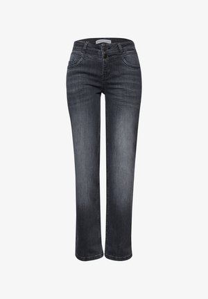 Jean droit à lavage foncé avec une texture lisse, cinq poches et une fermeture à glissière à deux boutons. Taille standard avec passants pour ceinture.