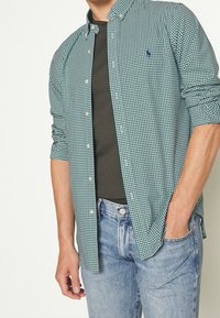 Green and white checkered button-up shirt made of cotton, featuring a pointed collar and long sleeves, layered over a dark t-shirt.