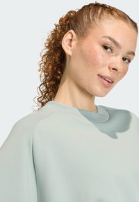 Light blue sweatshirt with a soft texture and rounded neckline, featuring raglan sleeves and a relaxed fit. Model has curly hair.