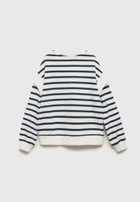Il pullover presenta strisce orizzontali blu e bianche, scollo rotondo, polsini e orlo a costine. Tessuto morbido con una vestibilità rilassata.