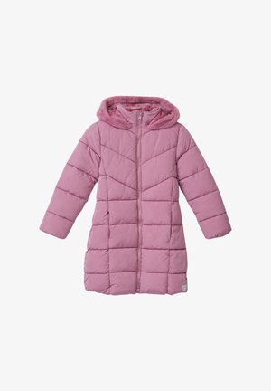 Różowy puchowy płaszcz z zamek błyskawicznym z przodu, z wyszywaniem w kształcie zygzaka i kapturem wyłożonym sztucznym futrem. Posiada długie rękawy oraz długość do połowy uda.