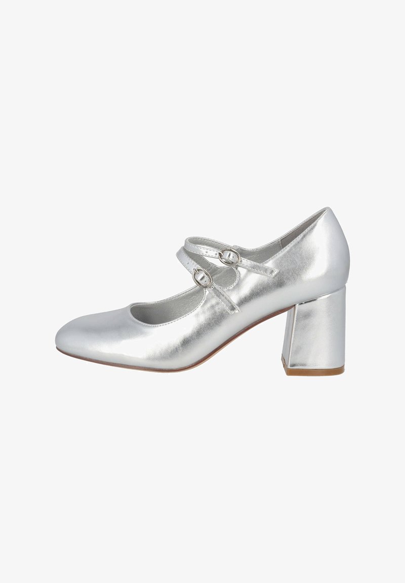 Srebrne metaliczne buty Mary Jane z okrągłym noskiem, dwiema klamrami i kwadratowym wysokim obcasem. Gładka faktura i klasyczny design.