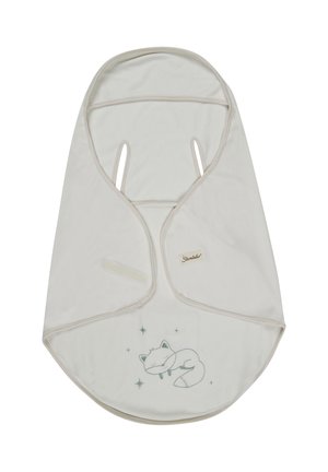 Cremfarbener Wickeltuch mit weicher Textur, versehen mit einem schlafenden Fuchs-Design und einem kleinen Markenetikett, entworfen mit Armöffnungen für das Baby.