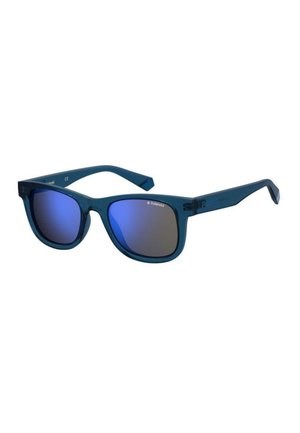 Blaue Plastik-Sonnenbrille mit quadratischem Gestell, blauen Verlaufslinsen und geraden Bügeln. Markenlogo auf dem Gestell sichtbar.