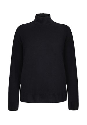 Sort rullekravepullover lavet af strikket stof, har lange ærmer, ribbet halsudskæring og manchetter samt en afslappet pasform uden yderligere mønstre.