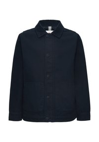 Marineblaue Baumwolljacke mit Kragen, Knopfverschluss vorne und zwei aufgesetzten Taschen. Hat eine glatte Textur und einen geraden Schnitt.