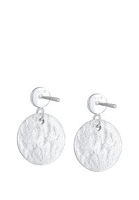 Orecchini a cerchio in argento realizzati in argento sterling 925, con dischi rotondi texture sospesi da una chiusura a perno.