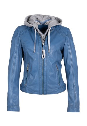 Blue leather jacket with a gray hood, zippered closure, two side pockets, and textured finish. Features sporty gray drawstrings at the hood.