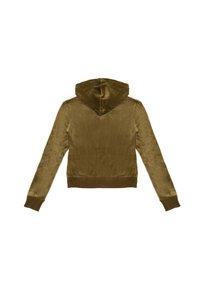 Felpa verde oliva in velluto con finitura testurizzata, tasca a marsupio frontale, maniche lunghe e polsini e orlo a coste. Vista posteriore mostrata.