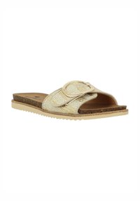 Sandale à glissière avec une tige tissée dorée, boucle ajustable et semelle intérieure rembourrée beige. Présente une semelle en caoutchouc texturée.