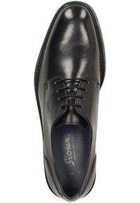 Scarpe eleganti in pelle nera con punta tonda, design con lacci, superficie liscia e soletta blu. Presentano un logo discreto sul lato.