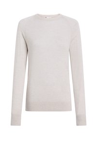 Maglione grigio chiaro a maniche lunghe con collo tondo, polsini a coste e una texture morbida. Presenta maniche raglan e un design semplice.