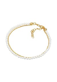 Bracelet en or avec une rangée de perles blanches aux côtés d'une délicate chaîne en or. Fermeture ajustable avec des maillons supplémentaires pour le réglage de la taille.