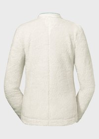Veste en polaire blanche avec une surface douce et texturée. Dotée d'un col rond et de manches longues, conçue avec une coupe droite et sans fermetures visibles.