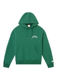 Sudadera verde con capucha, bolsillo frontal y texto blanco "BLKVIS" en el pecho, con cordones y puños y bajo acanalados.