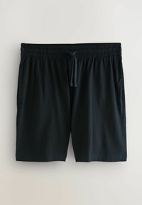 Black knee-length shorts with elastic waistband and drawstring, made of soft fabric, displayed on a plain light background.