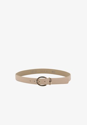 Beiger Leder Gürtel mit glatter Textur, ausgestattet mit einer runden goldfarbenen Metallschnalle und mehreren Einstelllöchern.