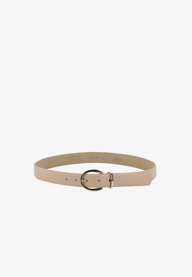 Beiger Leder Gürtel mit glatter Textur, ausgestattet mit einer runden goldfarbenen Metallschnalle und mehreren Einstelllöchern.