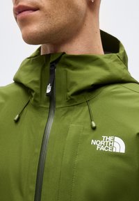 Nahaufnahme einer Person, die eine olivgrüne Kapuzenjacke mit Frontreißverschluss und "The North Face"-Logo auf der Brust trägt.