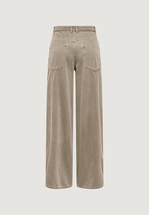 Pantaloni beige a vita alta e gamba larga con due tasche applicate posteriori e passanti per cintura, mostrati di schiena su uno sfondo neutro.