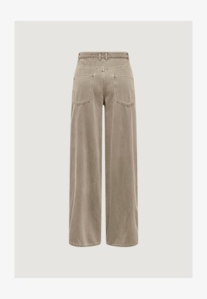 Pantaloni beige a vita alta e gamba larga con due tasche applicate posteriori e passanti per cintura, mostrati di schiena su uno sfondo neutro.