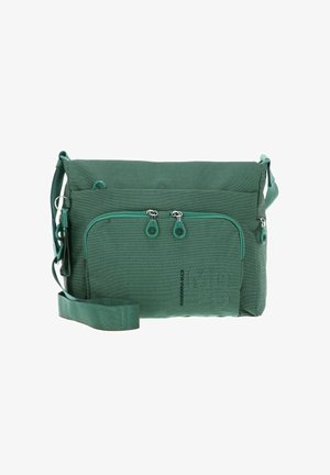 Sac bandoulière en tissu vert avec deux poches zippées, sangle réglable, design texturé et détail du logo à l'avant.