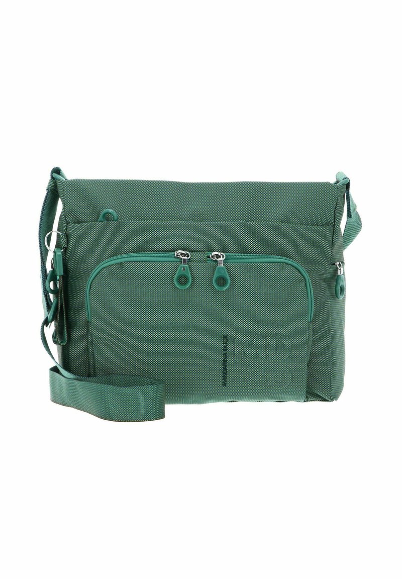 Sac bandoulière en tissu vert avec deux poches zippées, sangle réglable, design texturé et détail du logo à l'avant.