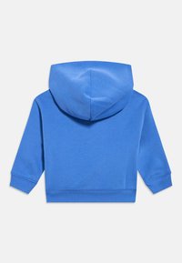 Felpa con cappuccio per bambini di un blu brillante, vista da dietro, con maniche lunghe e polsini e orlo a coste.