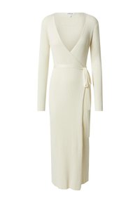 Cremfarbendes, geripptes Langarm-Wickelkleid mit tiefem V-Ausschnitt, das einen gebundenen Gürtel in der Taille und ein bodenlanges Design aufweist. Glatte Textur.