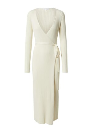 Crème ribbel lange mouwen wikkel jurk met een diepe V-hals, voorzien van een gestrikt ceintuur in de taille en een vloerlange uitvoering. Soepele textuur.