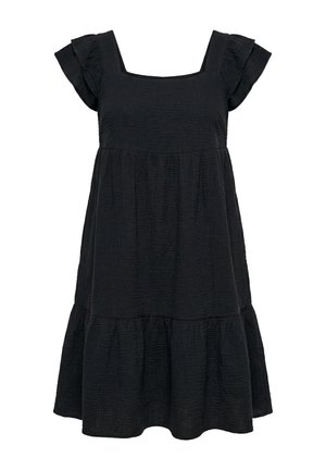 Vestido negro texturizado hasta la rodilla con escote cuadrado, mangas cortas con volantes y falda por capas de corte holgado.