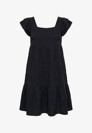 Schwarzes, strukturiertes knielanges Kleid mit quadratischem Ausschnitt, kurzen gerafften Ärmeln und einem gestuften, locker sitzenden Rock.