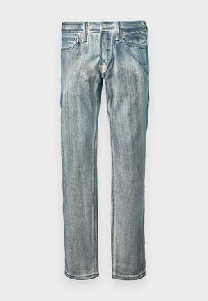 Jeans in denim blu con taglio dritto, caratterizzati da una finitura sbiadita, cinque tasche e dettagli in ottone alla vita.