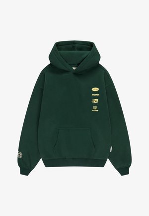 Dark green hoodie with front pocket, hood, small yellow text and graphic logos on the upper left chest and a floral design on the right sleeve cuff.