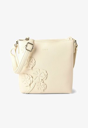 Sac bandoulière en cuir crème avec sangle réglable, détail d'application florale sur le devant, et nom de marque brodé "Gabor" centré au-dessus des fleurs.