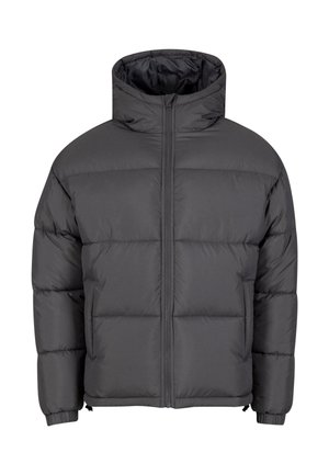 Grijze pufferjas met een gladde textuur, volledige ritssluiting aan de voorkant en een hoge kraag. Beschikt over horizontale, doorgestikte panelen en elastische manchetten.