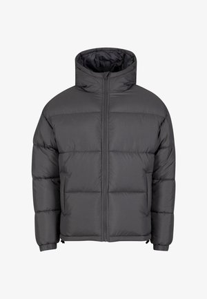 Pelēks pūkains jaka ar gludu tekstūru, pilnu rāvējslēdzēju priekšā un augstu apkakli. Iezīmē horizontālas kvadrātveida apšuvuma paneļus un elastīgus piedurknes.