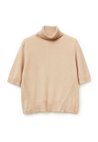 Maglione a maniche corte beige con colletto a dolcevita, polsini e orlo a coste, con dettagli a coste diagonali sui lati anteriori.