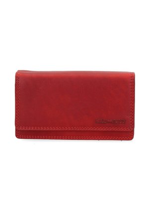 Portafoglio rettangolare in pelle rossa con cuciture visibili e un discreto logo del marchio impresso nell'angolo inferiore destro.