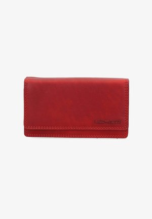 Portefeuille rectangulaire en cuir rouge avec couture visible et logo de marque délicatement embossé dans le coin inférieur droit.