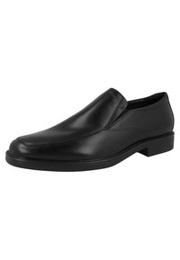 Chaussure noire sans lacets en cuir lisse, dotée d'une pointe arrondie et de détails de couture discrets sur la tige, avec une semelle basse en caoutchouc texturé.