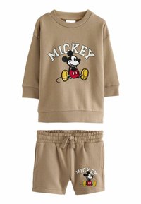 Musse Pigg-temat beige sweatshirts och shorts-set, med broderade grafiker och dragsko i midjan på shortsen för justerbar passform.