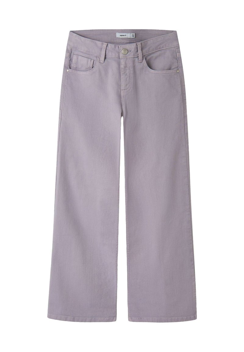 Gaiši lavandas krāsas plaša kāju džinsi, izgatavoti no mīksta kokvilnas denima. Iekļauti pogu aizdare, jostas cilpas un priekšējās kabatas.