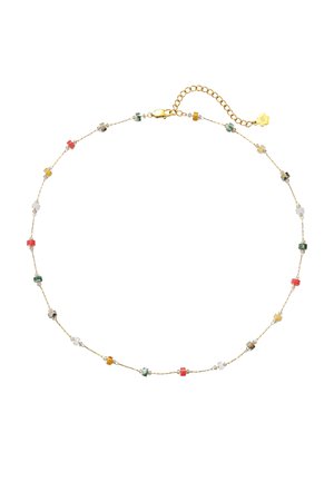 Zarte goldene Halskette mit kleinen, mehrfarbigen zylindrischen Perlen, gleichmäßig verteilt, und einer goldenen Verlängerungskette mit einem Blütenverschluss.