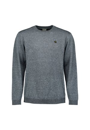 Heren grijze gebreide trui met lange mouwen en ronde hals, voorzien van een klein zwart en geel hexagonaal logo op de linkerborst.