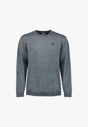 Heren grijze gebreide trui met lange mouwen en ronde hals, voorzien van een klein zwart en geel hexagonaal logo op de linkerborst.