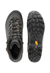 Herren Wanderstiefel mit grauem Lederobermaterial, schwarzer Gummisohle und sandfarbenen Akzenten. Mit Schnürsenkeln, verstärkter Zehenkappe und Profilsohle.