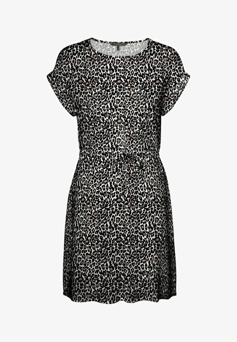 Robe imprimé léopard avec manches courtes, taille élastique et coupe décontractée. Le tissu est léger et transparent, avec des tons noirs, bruns et beiges.